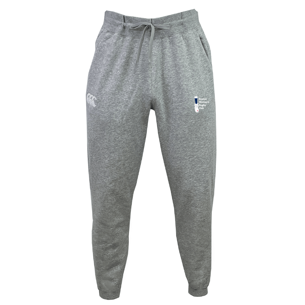 The Boston Women's RFC Leisure Sweatpant by EMB Canterbury, made from organic cotton, features an elastic waistband and drawstring. Small logos on the upper left and right thighs enhance the cozy gray design with stylish flair.
