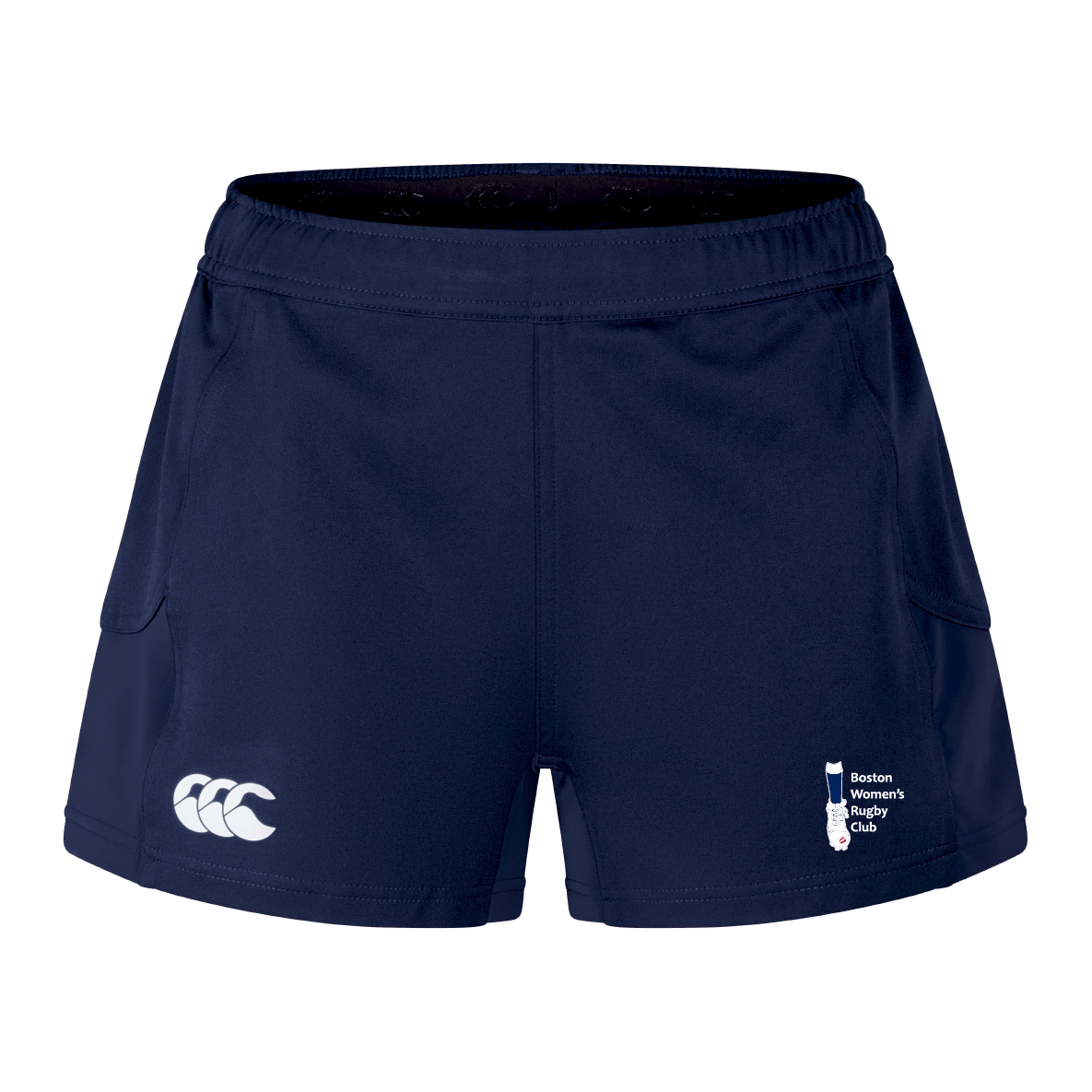 The EMB Canterbury navy blue Boston Women's RFC Women's Advantage 2.0 shorts blend performance with sustainability, featuring the Boston Women's Rugby Club emblem on the right leg and a Canterbury logo on the left, crafted from recycled materials for eco-conscious athletes.