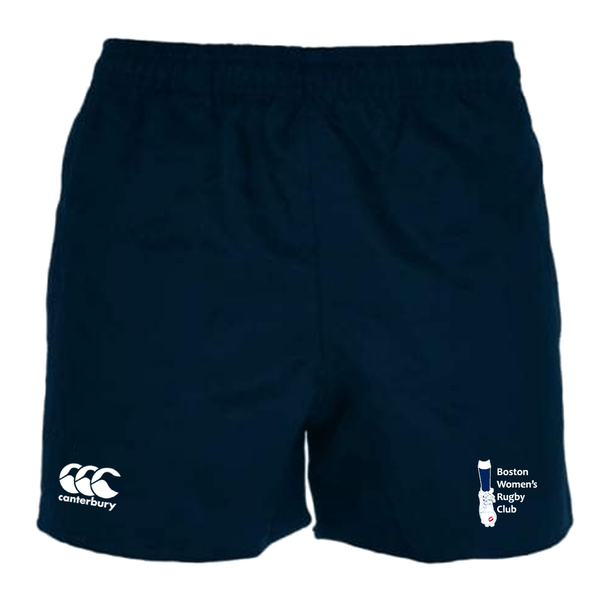 Navy Blue Boston Women's RFC Advantage Short 2.0 by EMB Canterbury rugby shorts, featuring the Canterbury logo on the left and Boston Women's Rugby Club logo on the right, made with recycled materials for sustainable performance.