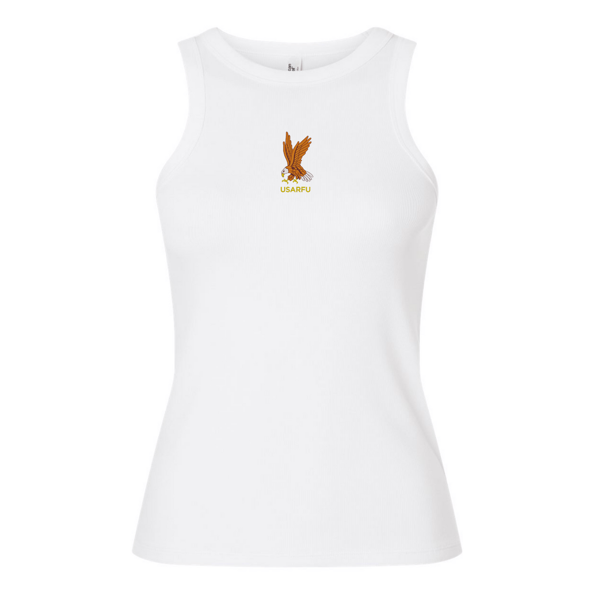 The Women's USA Rugby Heritage Baby Rib Tank by EMB S&S Activewear is a white sleeveless top featuring the USARFU logo with a gold and red eagle and acronym on the chest.