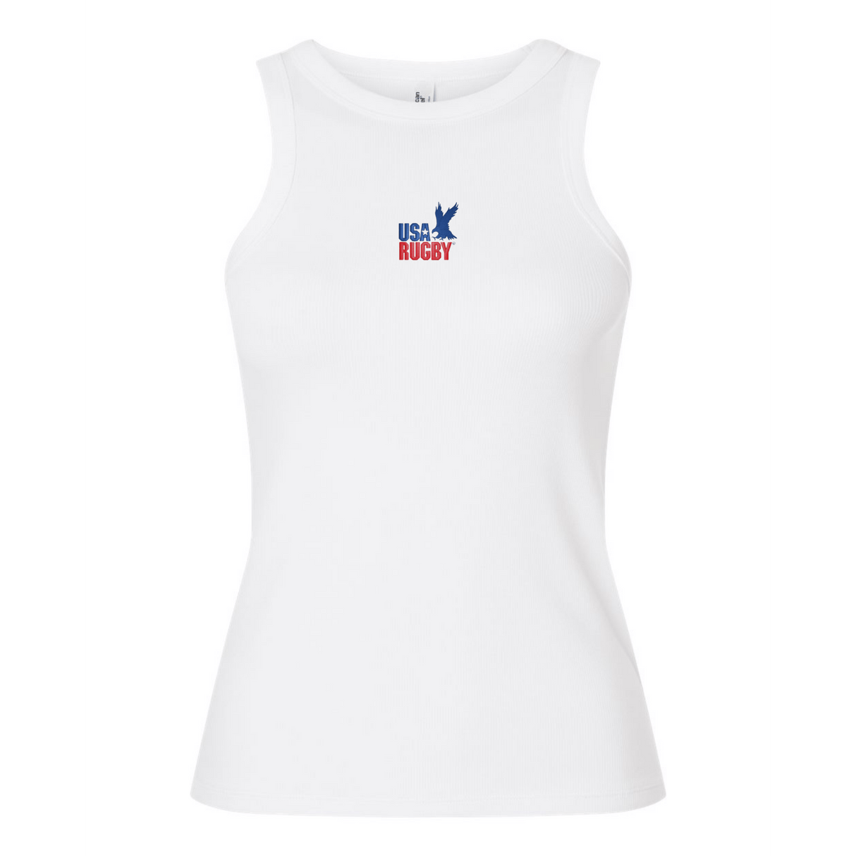 The Women's USA Rugby Throwback Baby Rib Tank by EMB S&S Activewear is a white, sleeveless rib tank with a small blue eagle "USA Rugby" logo on the front—perfect for any female rugby fan.