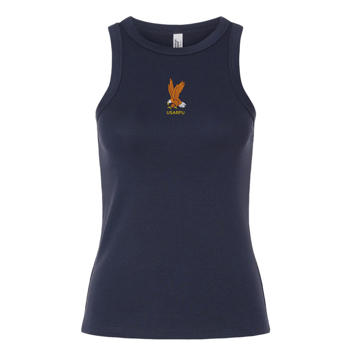 The Women's USA Rugby Heritage Baby Rib Tank by EMB S&S Activewear features navy blue fabric, a small embroidered eagle, and "USARFU" text on the chest—a classic look for USA Rugby fans.