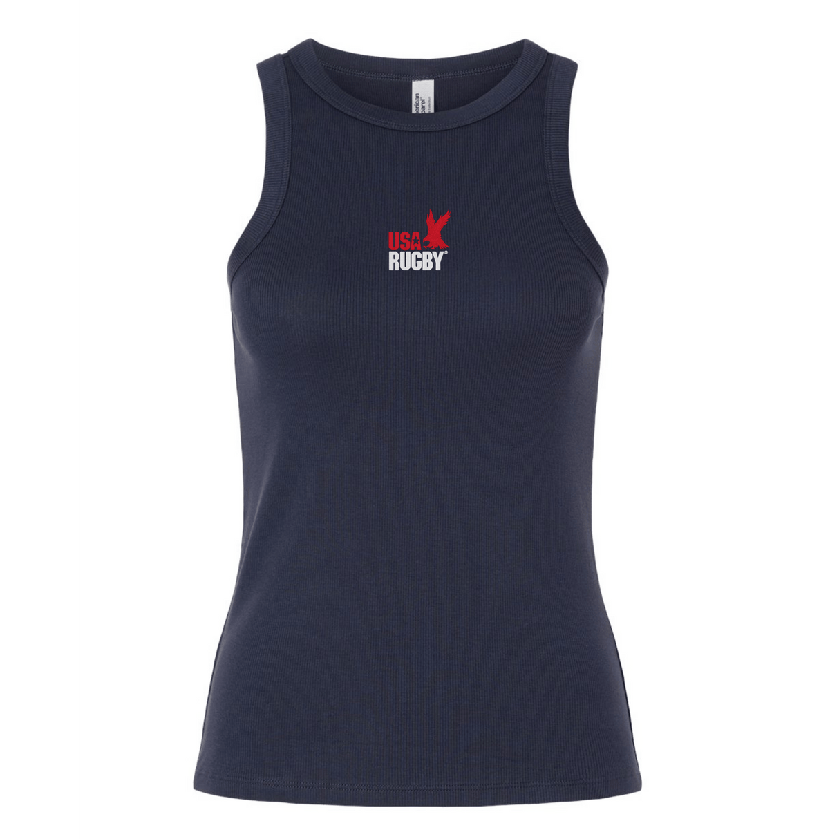 The EMB S&S Activewear Women's USA Rugby Throwback Baby Rib Tank is a navy blue tank top with a small red and white eagle “USA Rugby” logo on the chest.