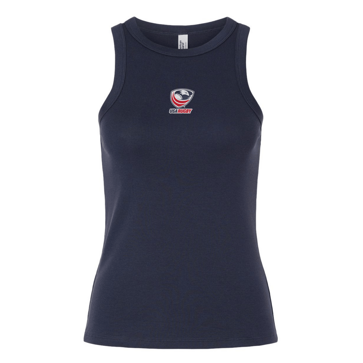 The EMB S&S Activewear Women's USA Rugby Baby Rib Tank in navy offers a comfortable stretch-fit style with a small USA Rugby logo on the chest.