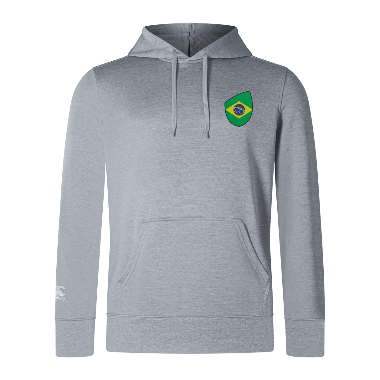 The EMB Canterbury Brazil Shield Club Lightweight Hoodie, in gray with a front pocket and drawstrings, features a green and yellow Brazil Shield emblem with a flag design on the upper left side, ideal for rugby supporters.