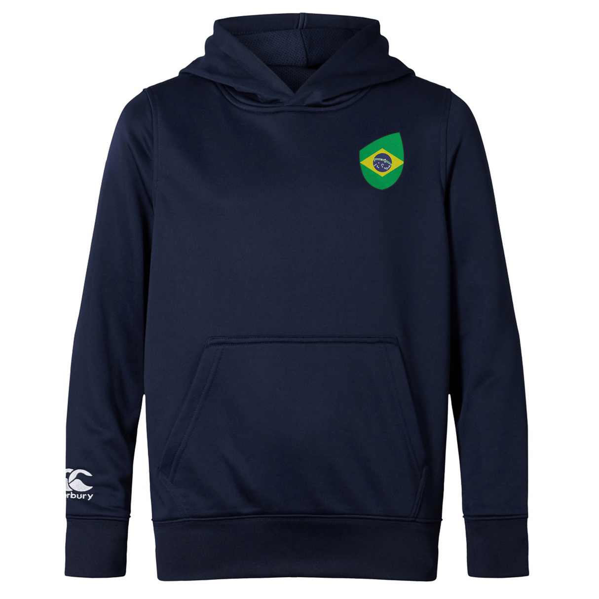 The Brazil Shield Club Lightweight Hoodie by EMB Canterbury, in navy blue, showcases a striking Brazil shield crest on the chest and a Canterbury logo on the sleeve, ideal for rugby supporters.