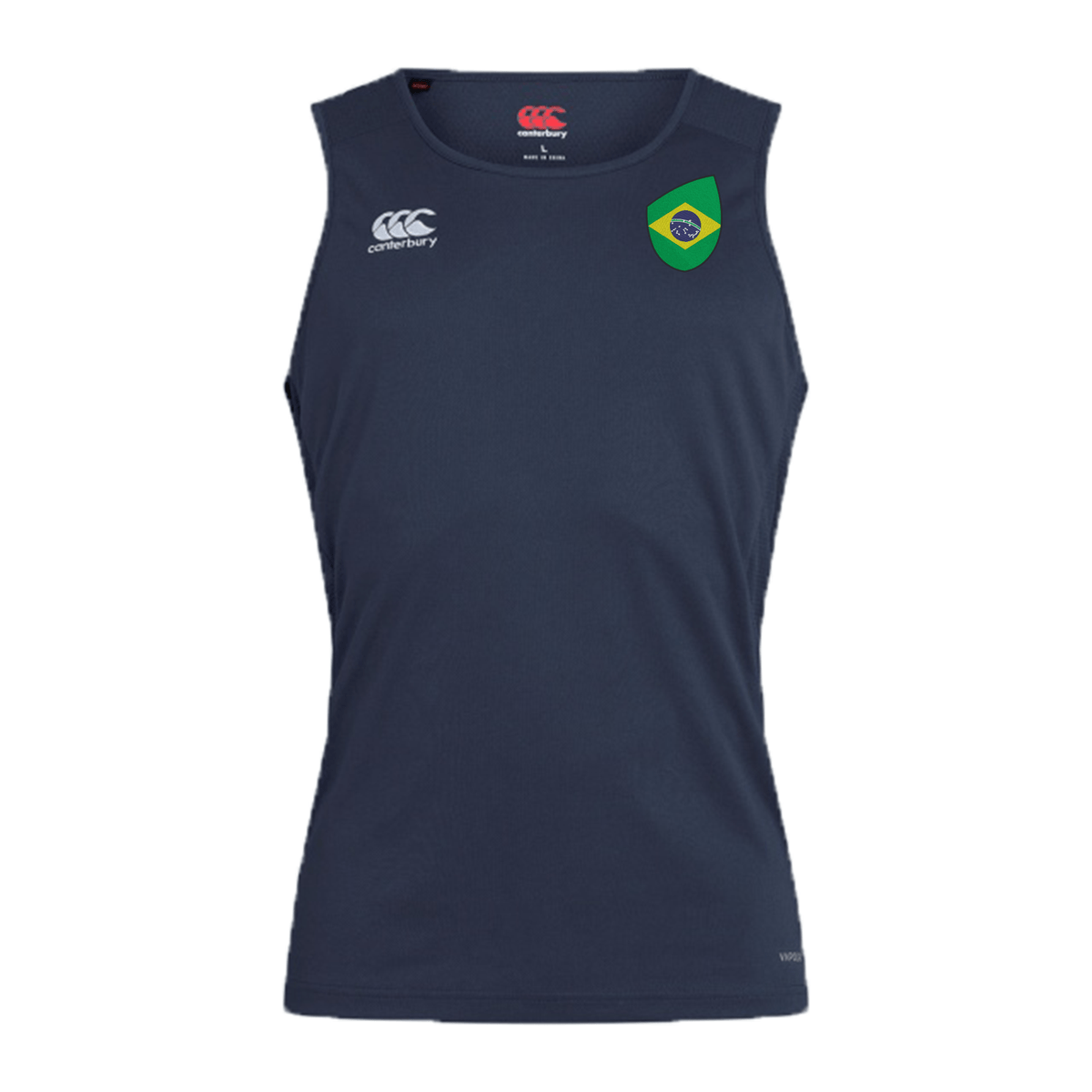 EMB Canterbury's Brazil Shield Club Dry Singlet, a navy blue sleeveless sports jersey with a small logo on the top right and a Brazilian flag badge on the left chest, featuring Vapodri Technology.