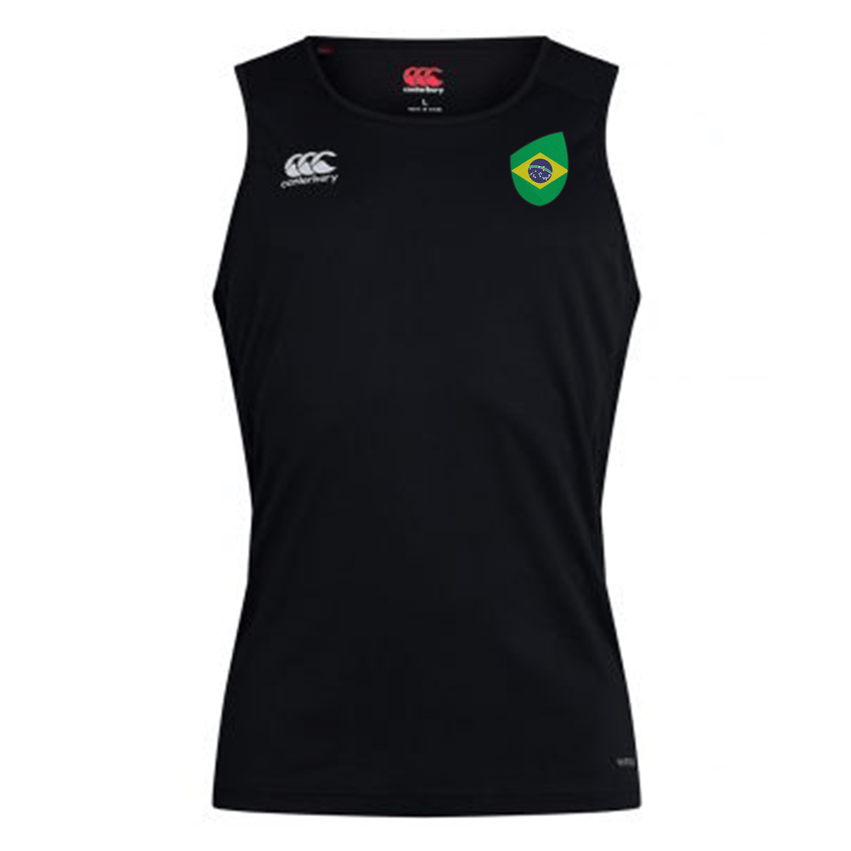Black sleeveless EMB Canterbury Brazil Shield Club Dry singlet with the CCC logo on the right chest and a Brazilian flag patch on the left chest.
