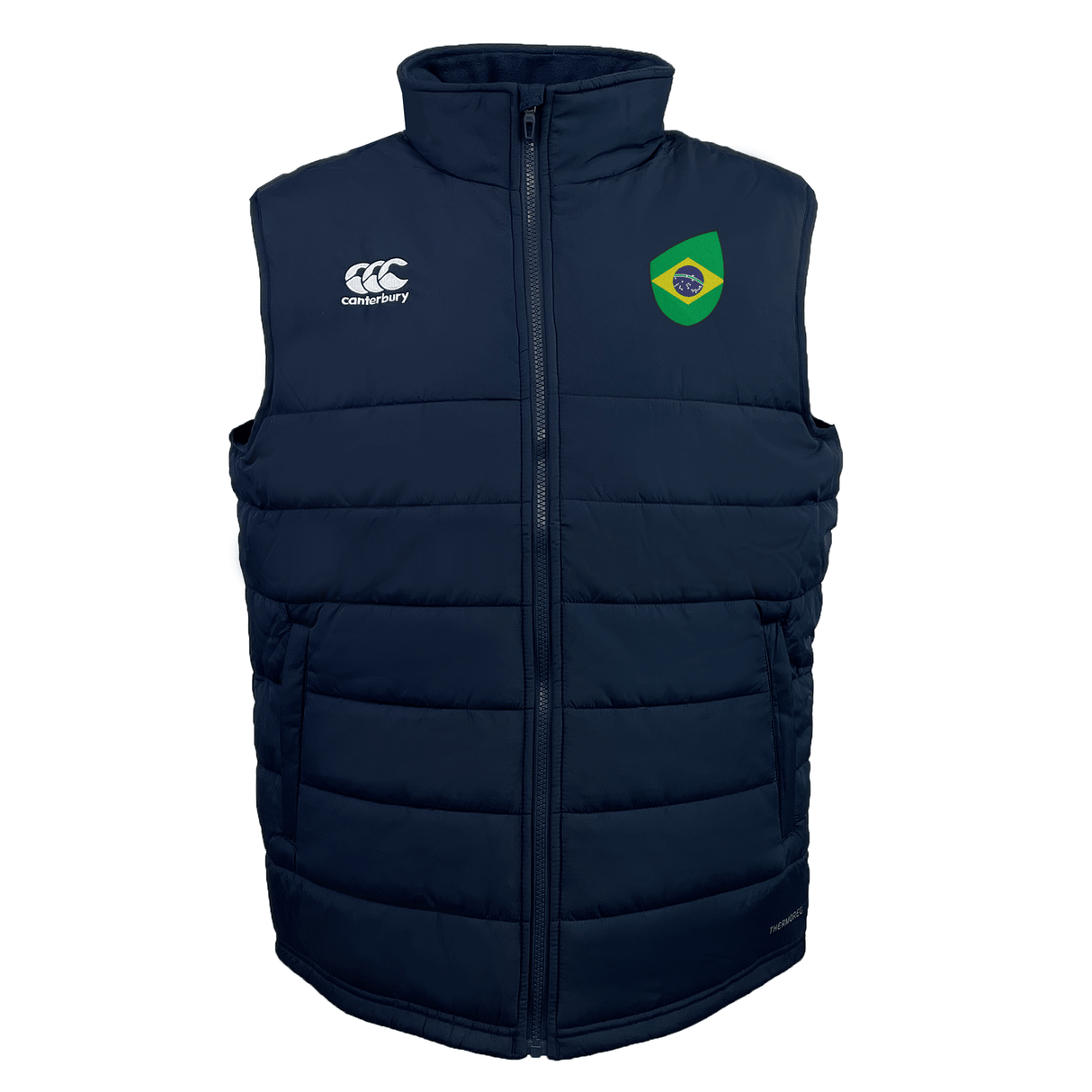 The EMB Canterbury Brazil Shield Core Gilet is a navy blue puffer vest with Thermoreg insulation, featuring a green and yellow chest patch and a Canterbury logo on the other side.