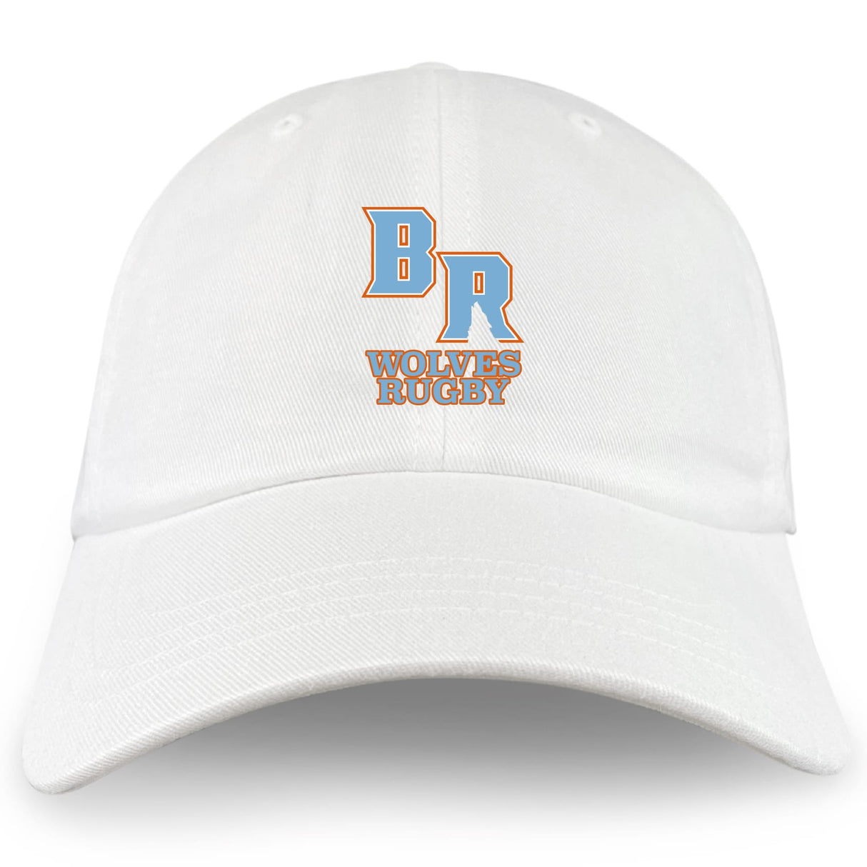 The Ballantyne Ridge Wolves Adult Low-Profile Cotton Twill Dad Cap by EMB S&S Activewear features blue and orange embroidered "BR" lettering above bold orange "WOLVES RUGBY" text on the front.