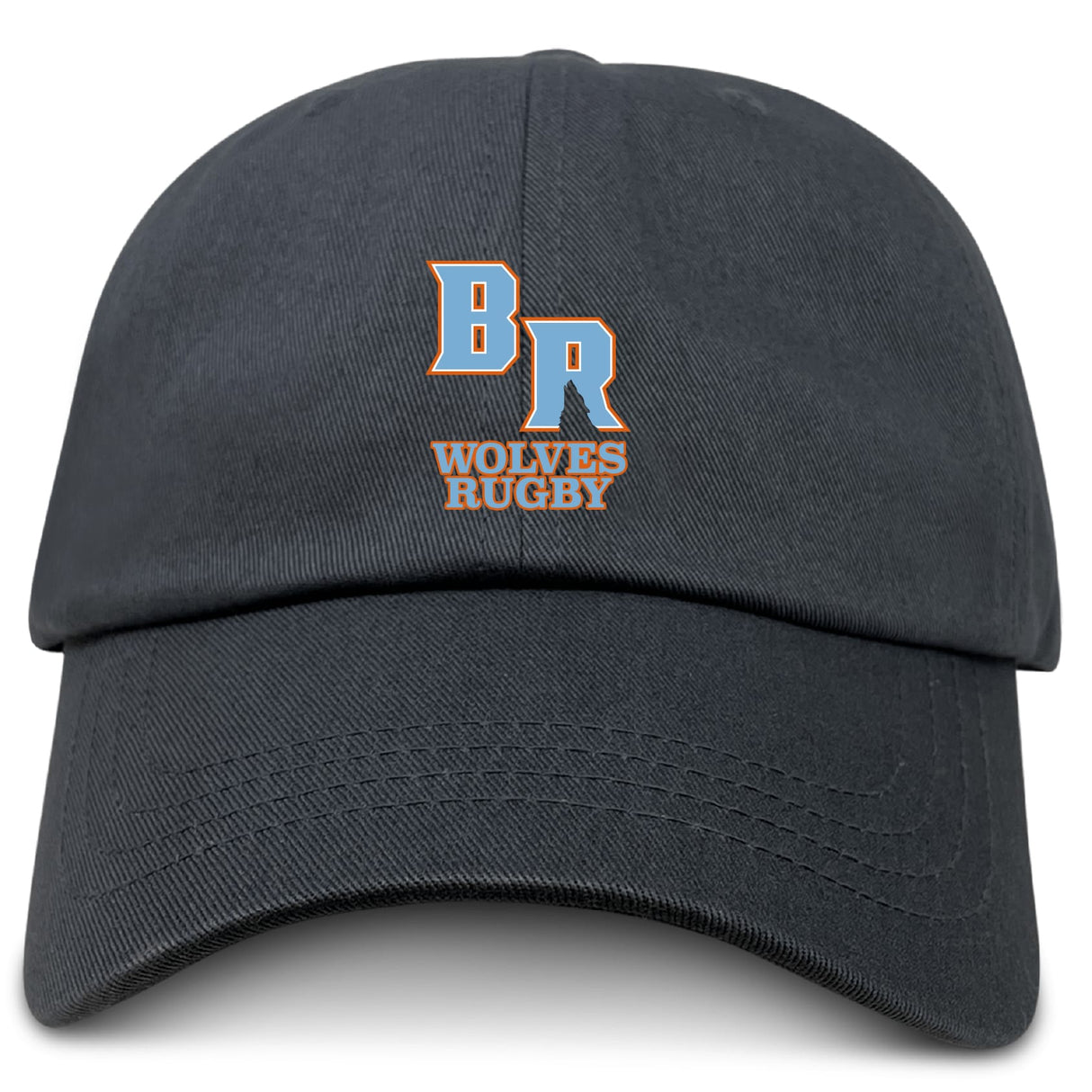 The Ballantyne Ridge Wolves Adult Low-Profile Cotton Twill Dad Cap by EMB S&S Activewear is a black cotton twill cap with bold orange and white embroidered "BR" and "Wolves Rugby" lettering on the front.