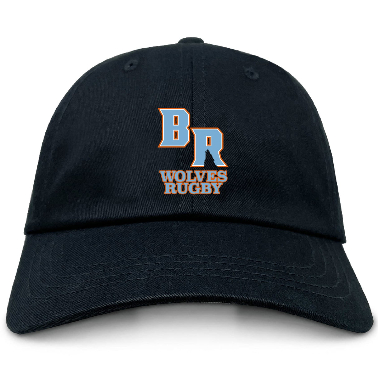 The EMB S&S Activewear Ballantyne Ridge Wolves Adult Low-Profile Cotton Twill Dad Cap is black with "BR" above "Wolves Rugby" embroidered in orange and white on the front.