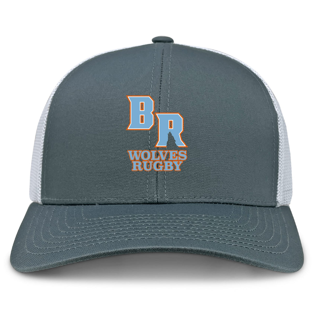 The Ballantyne Ridge Wolves Retro Trucker Cap by EMB S&S Activewear features “BR Wolves Rugby” embroidered in orange and white, a gray and white design, classic mesh back, and adjustable snapback closure for comfort.