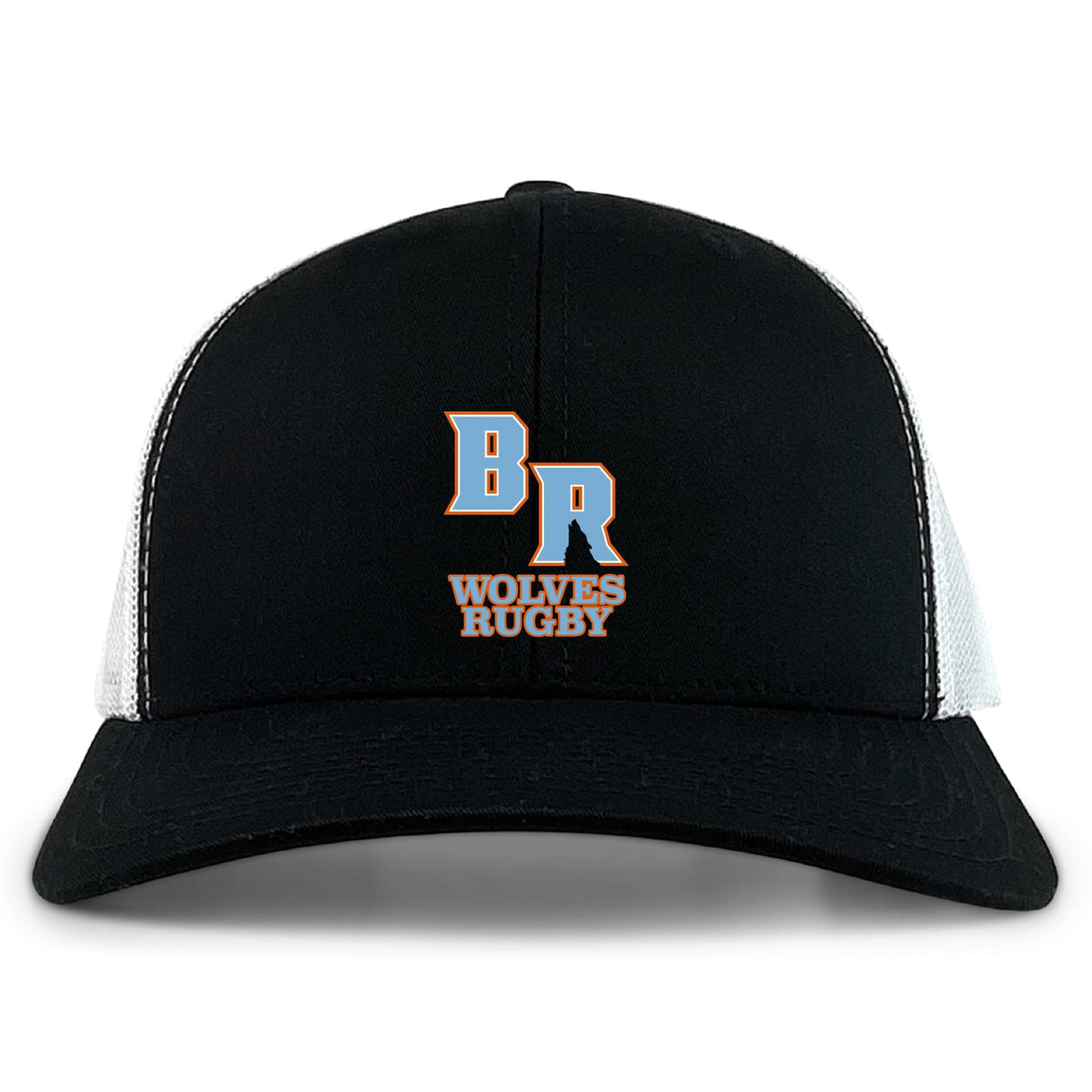The Ballantyne Ridge Wolves Retro Trucker Cap by EMB S&S Activewear features a black and white design, bold blue and orange "BR Wolves Rugby" embroidery on the front, and a classic snapback closure.