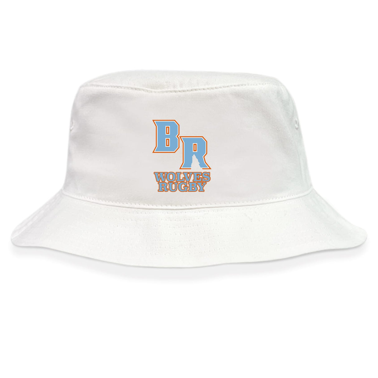 The Ballantyne Ridge Wolves Crusher Bucket Cap by EMB S&S Activewear is a white cotton twill hat with a blue and orange "BR Wolves Rugby" logo on the front, offering team spirit and sun protection.