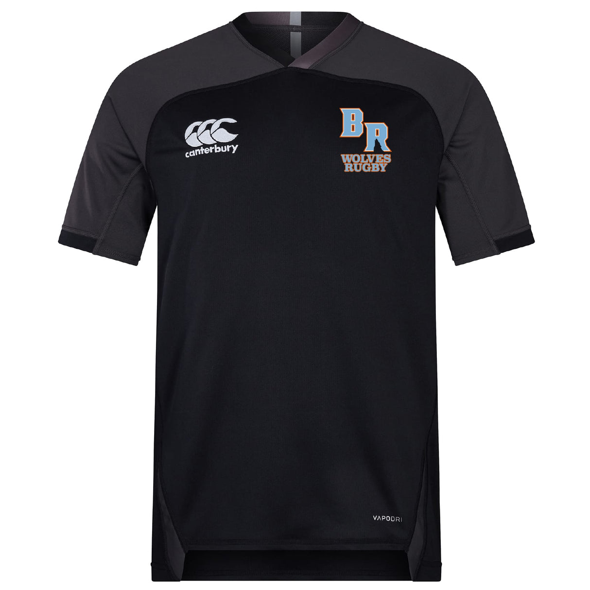 The Ballantyne Ridge Wolves Vapodri Evader Jersey by EMB Canterbury is a black short-sleeve rugby top with Canterbury logo on the right chest, "BR Wolves Rugby" graphic on the left, and a Vapodri Evader moisture-wicking label at the hem.