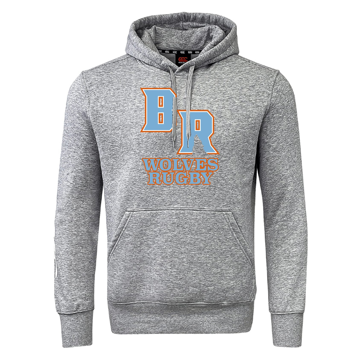 Show your club pride with the Ballantyne Ridge Wolves Club Hoodie by WRS Canterbury—a gray hoodie featuring a front pocket, bold blue "BR" letters, and orange "Wolves Rugby" text on the chest.