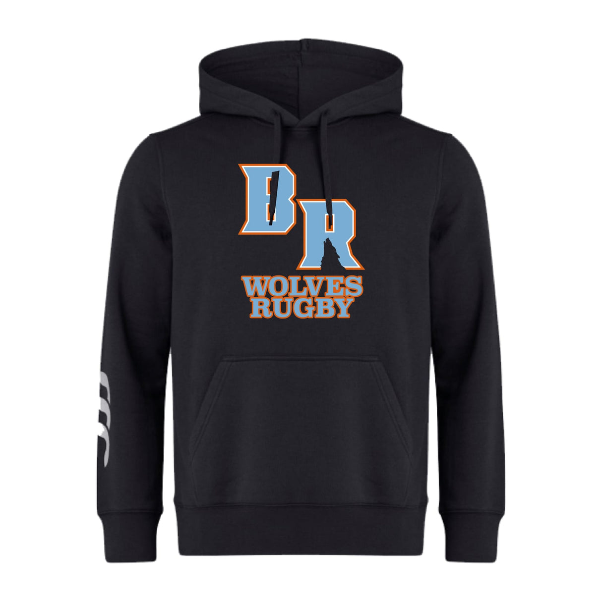 The Ballantyne Ridge Wolves Club Hoodie by WRS Canterbury features a front pouch pocket, bold “BR” and “Wolves Rugby” on the chest, plus a white sleeve stripe—a custom rugby hoodie perfect for fans.