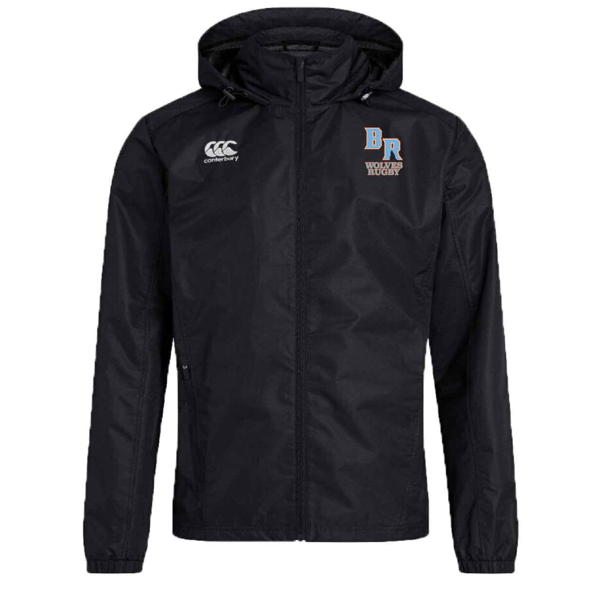 The Ballantyne Ridge Wolves Club Vaposhield Stadium Jacket by EMB Canterbury features padded insulation, a water repellent finish, and "Canterbury" and "BR Wolves Rugby" logos on the chest.
