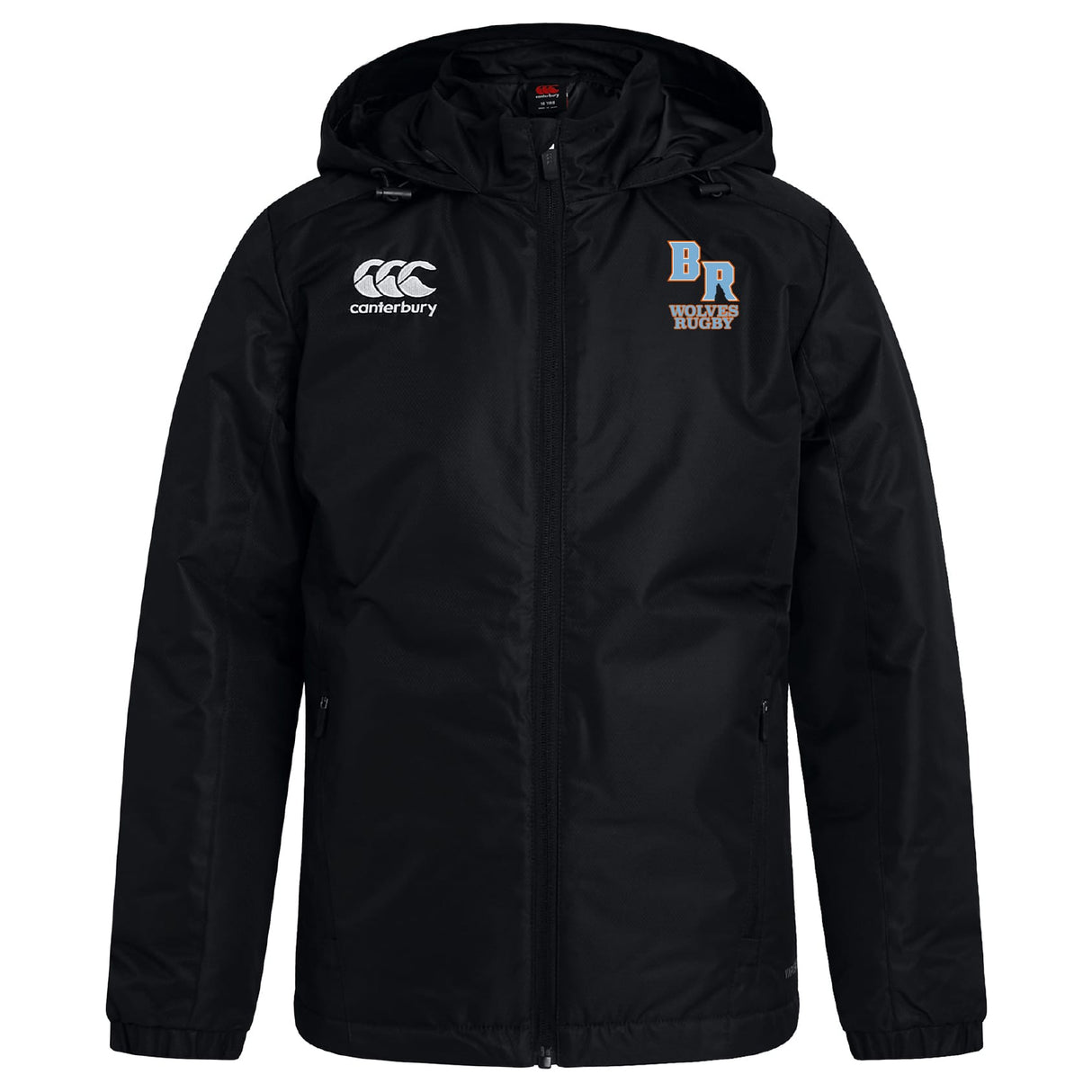The Ballantyne Ridge Wolves Club Vaposhield Full Zip Rain Jacket by EMB Canterbury is a black rugby rain jacket with a front zipper, featuring the Canterbury logo and "BR Wolves Rugby" on the chest.