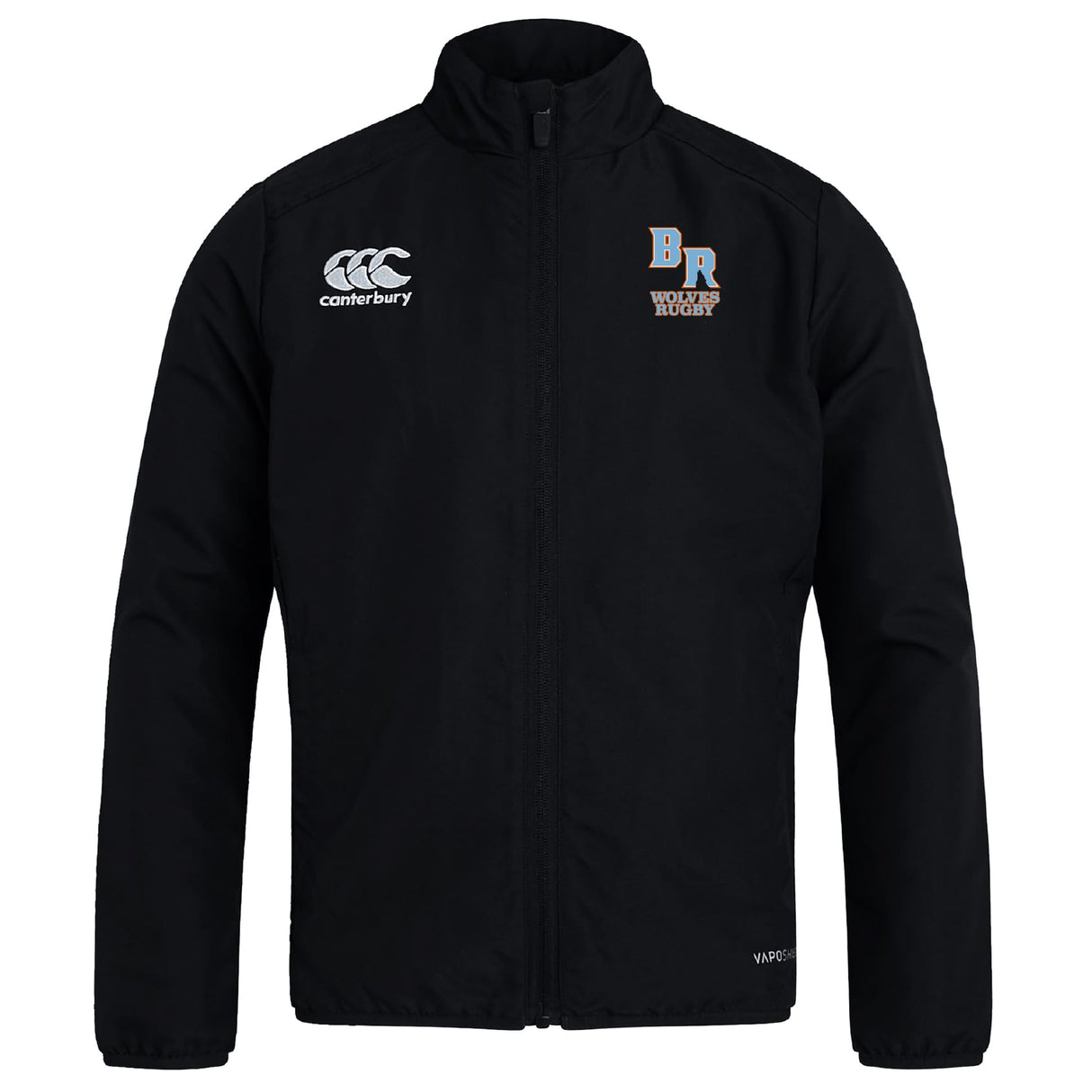 The Ballantyne Ridge Wolves Club Track Jacket by EMB Canterbury features the "BR Wolves Rugby" logo on the left chest, Canterbury logo on the right, front zipper, high collar, and a lightweight, water-repellent design.