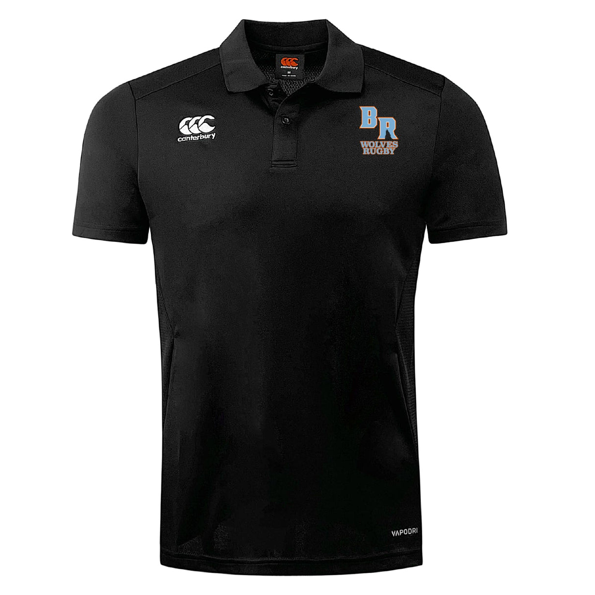 The Ballantyne Ridge Wolves Club Dry Polo by EMB Canterbury is a black short-sleeve rugby shirt with a collar, featuring the Canterbury logo on the right chest and "BR Wolves Rugby" emblem on the left, made with breathable Vapodri Technology.