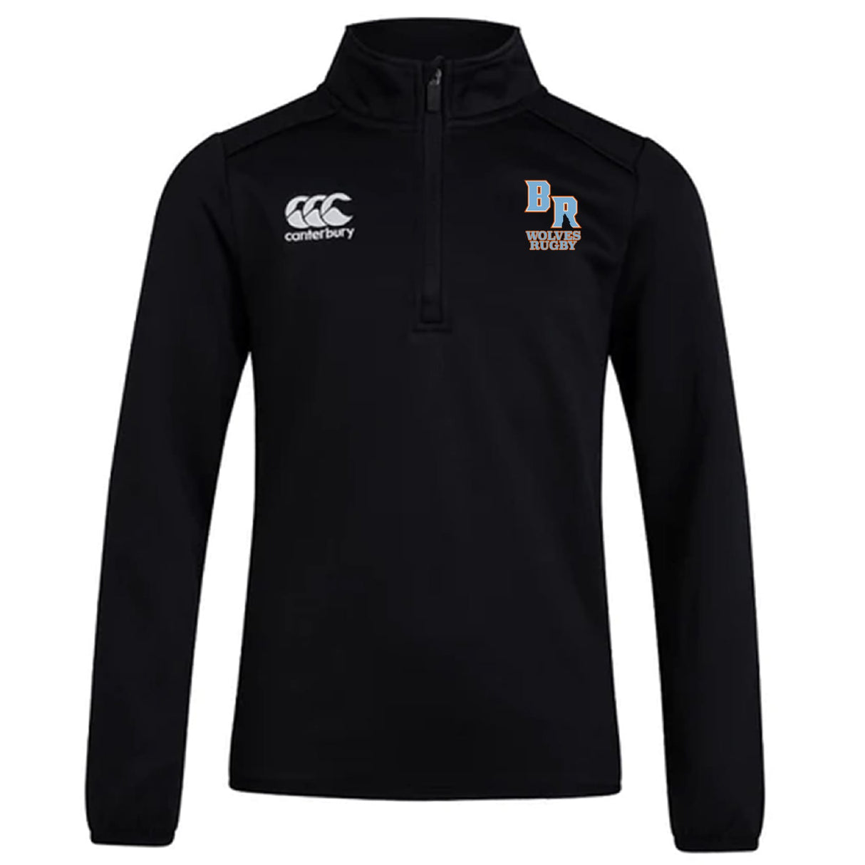 The Ballantyne Ridge Wolves Club 1/4 Zip Mid Layer Training Top by EMB Canterbury features a black long-sleeve design with logos on both chests—ideal for rugby training and fans of stylish custom sportswear.