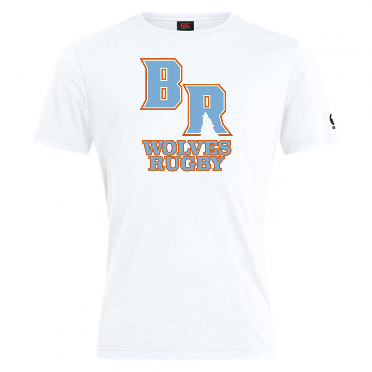 The Ballantyne Ridge Wolves Club Plain Tee by WRS Canterbury is a white cotton blend t-shirt featuring bold orange and blue "BR" letters and "WOLVES RUGBY" text on the front—a customizable option for fans and players.