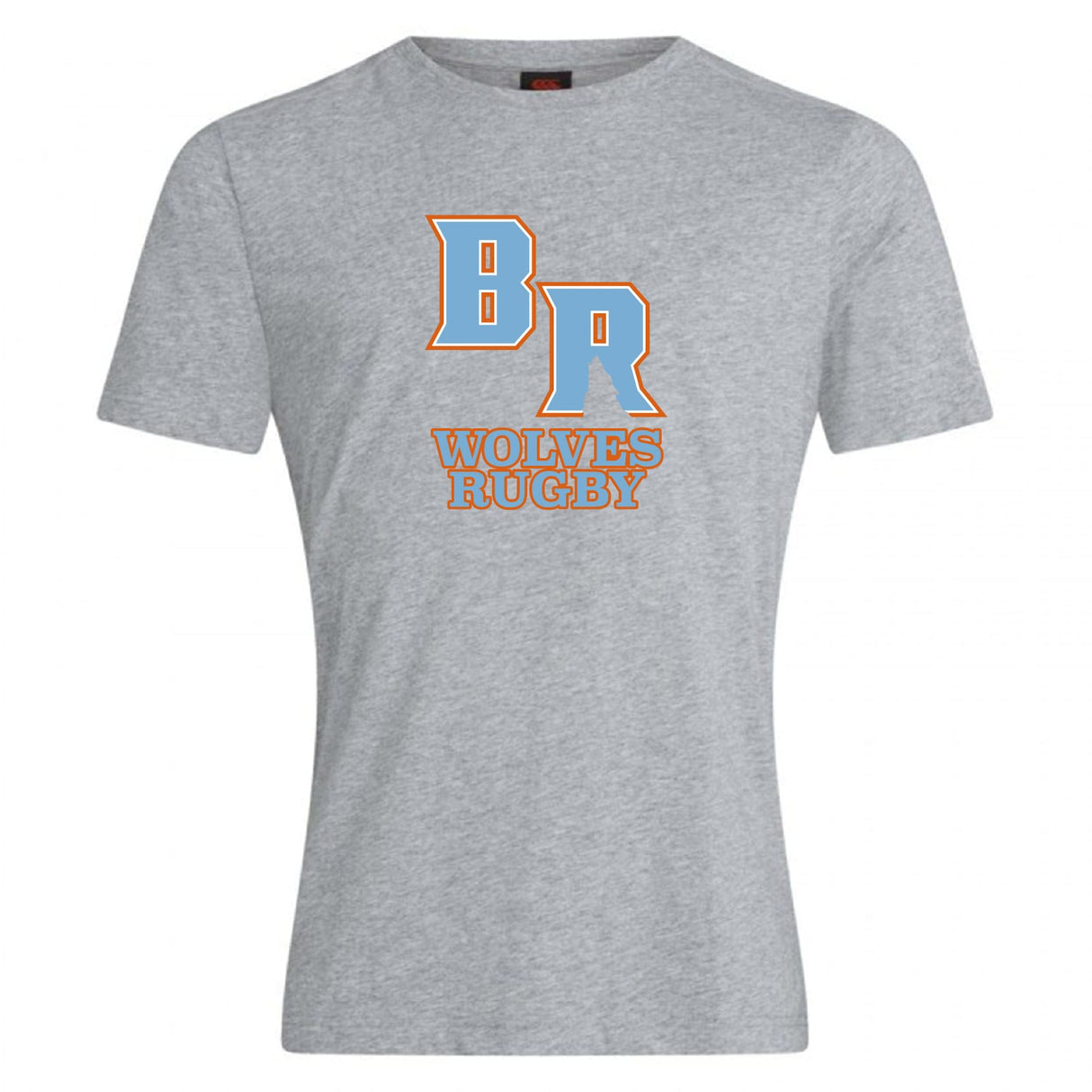 The Ballantyne Ridge Wolves Club Plain Tee by WRS Canterbury is a gray cotton blend shirt with a large orange-outlined "BR" above bold orange "WOLVES RUGBY" lettering.