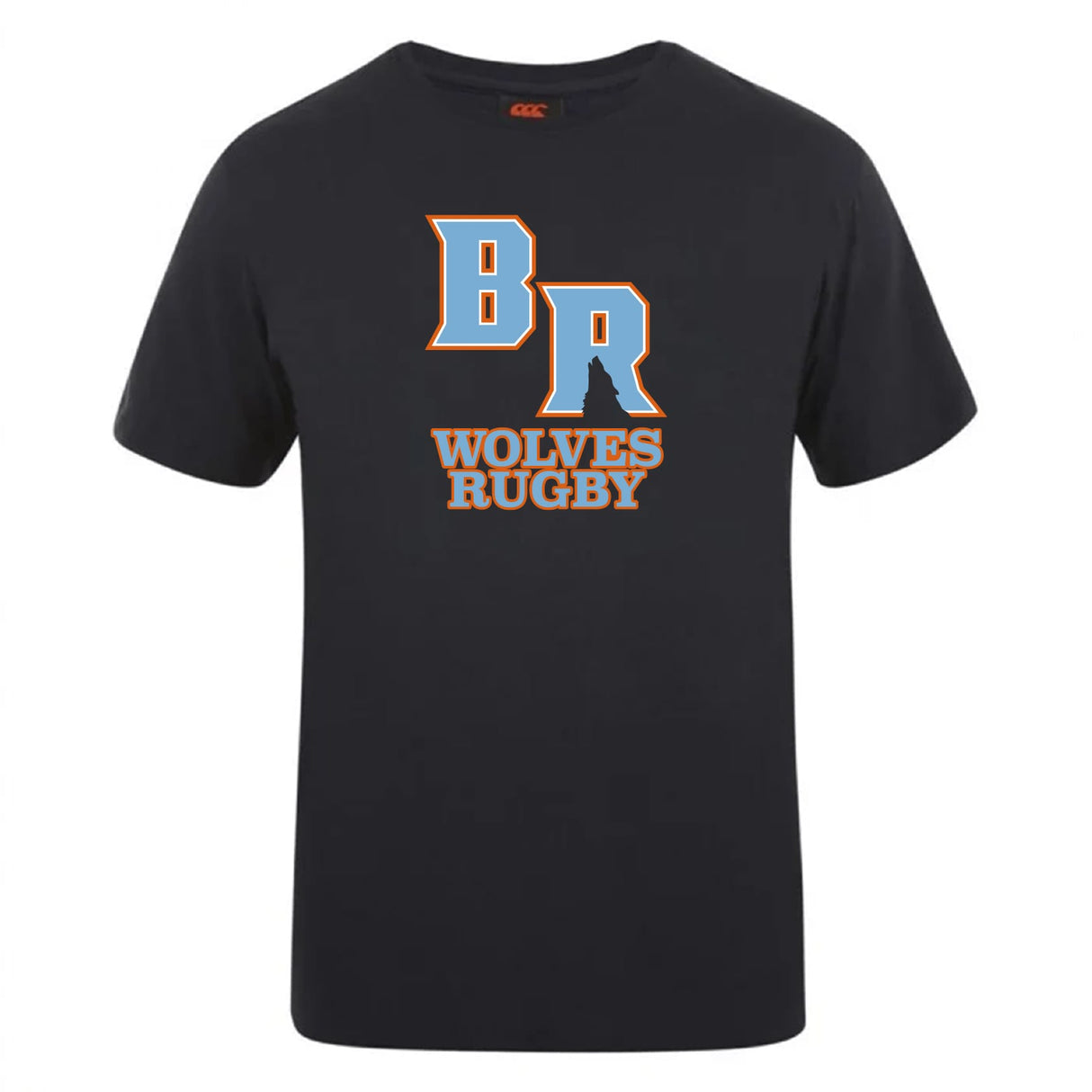 The Ballantyne Ridge Wolves Club Plain Tee by WRS Canterbury is a black cotton blend T-shirt featuring "BR Wolves Rugby" in orange and white, ideal for fans seeking a customizable option.