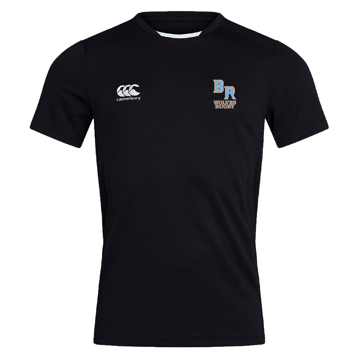 The Ballantyne Ridge Wolves Club Dry Tee by EMB Canterbury is a breathable black workout t-shirt featuring "Canterbury" and "BR Hookers Rugby" logos on the chest for ultimate comfort.