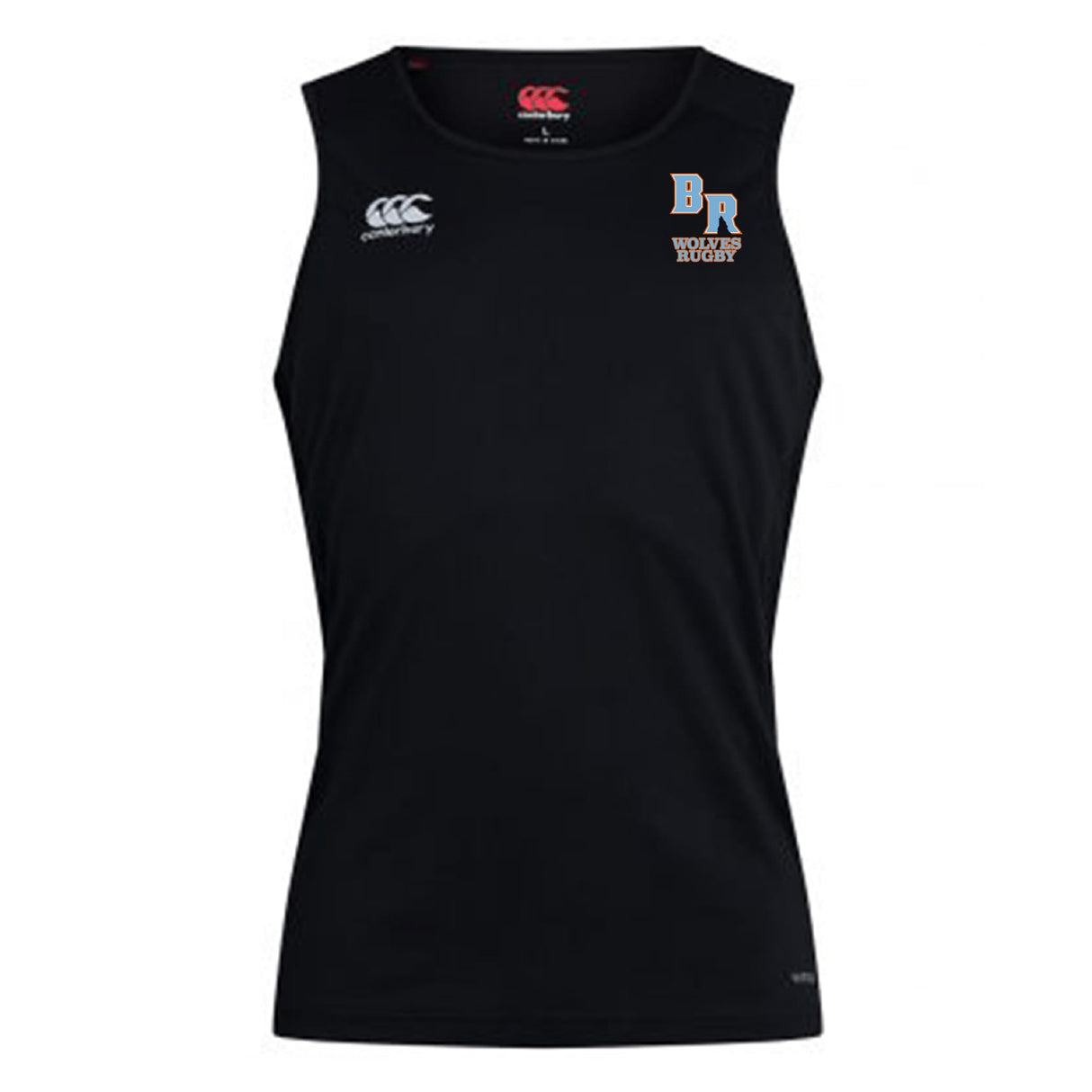 The Ballantyne Ridge Wolves Club Dry Singlet by EMB Canterbury is a black sleeveless top featuring the Canterbury logo on the right chest and BR Women's Rugby logo on the left, crafted with advanced Vapodri Technology for superior comfort.
