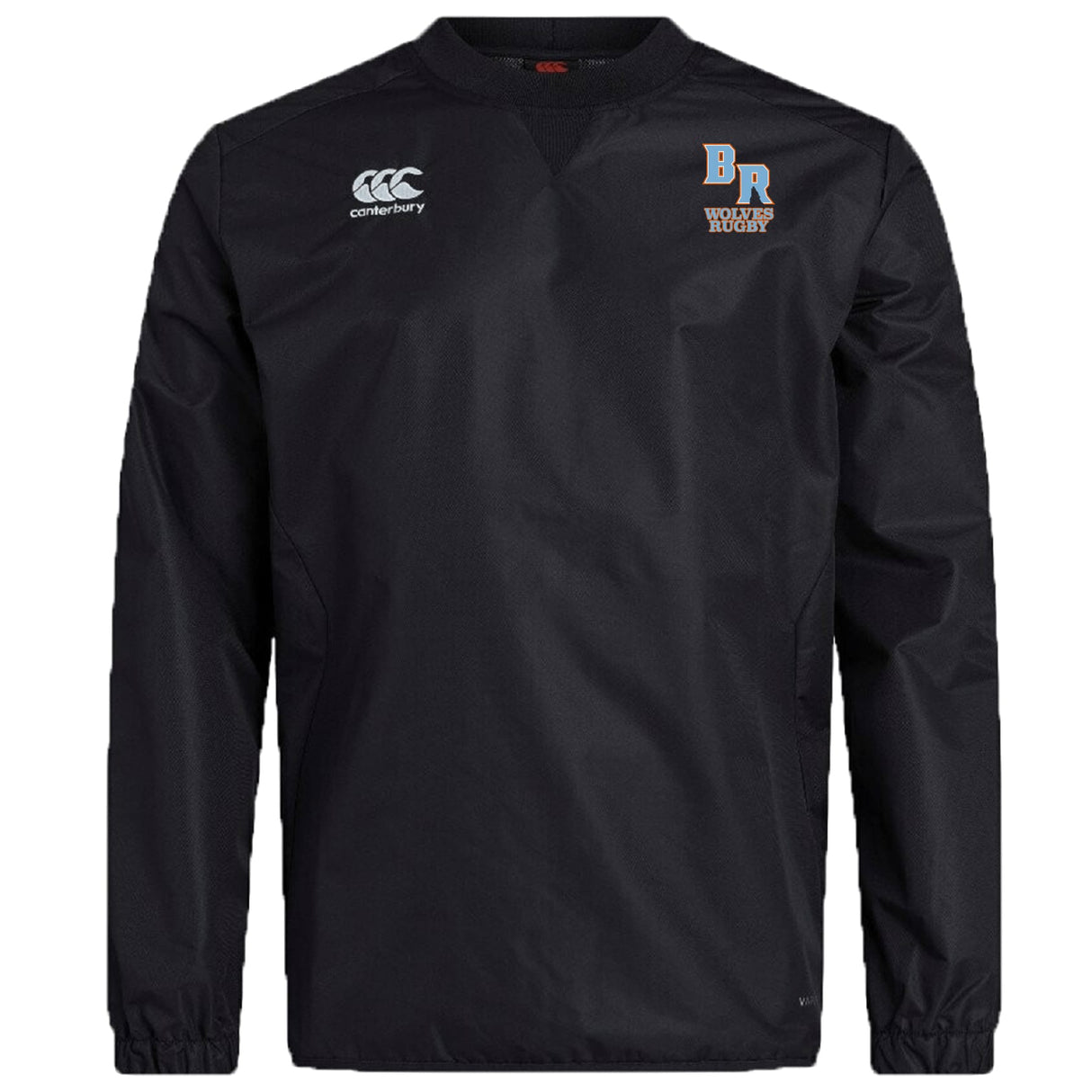 The Ballantyne Ridge Wolves Club Vaposhield Contact Top by EMB Canterbury is a black long-sleeve pullover featuring Canterbury and BR Wolves Rugby logos, designed with Vaposhield technology for enhanced performance.