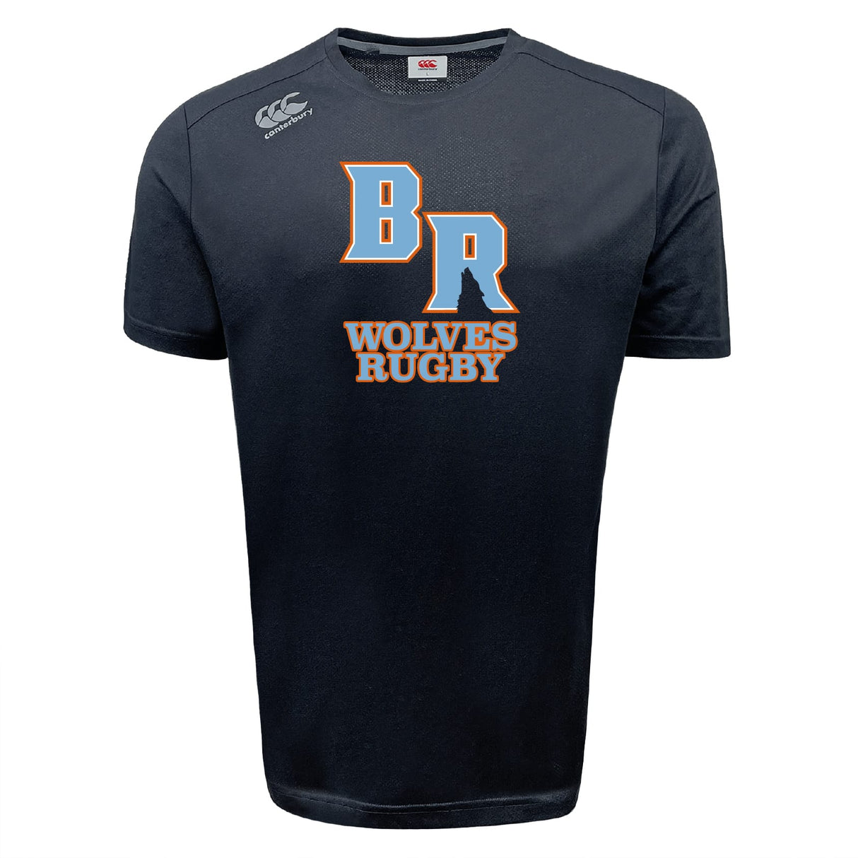 The Ballantyne Ridge Wolves Tempo Vapodri T-Shirt by WRS Canterbury features “BR WOLVES RUGBY” in orange and white on black, a white Canterbury logo on the right shoulder, and moisture-wicking comfort for training.