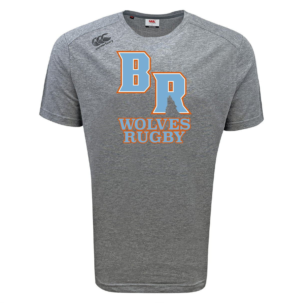 The Ballantyne Ridge Wolves Tempo Vapodri T-Shirt by WRS Canterbury is a gray short-sleeve athletic shirt featuring bold orange and blue "BR" and "Wolves Rugby" graphics, ideal for moisture-wicking comfort during sports or casual wear.