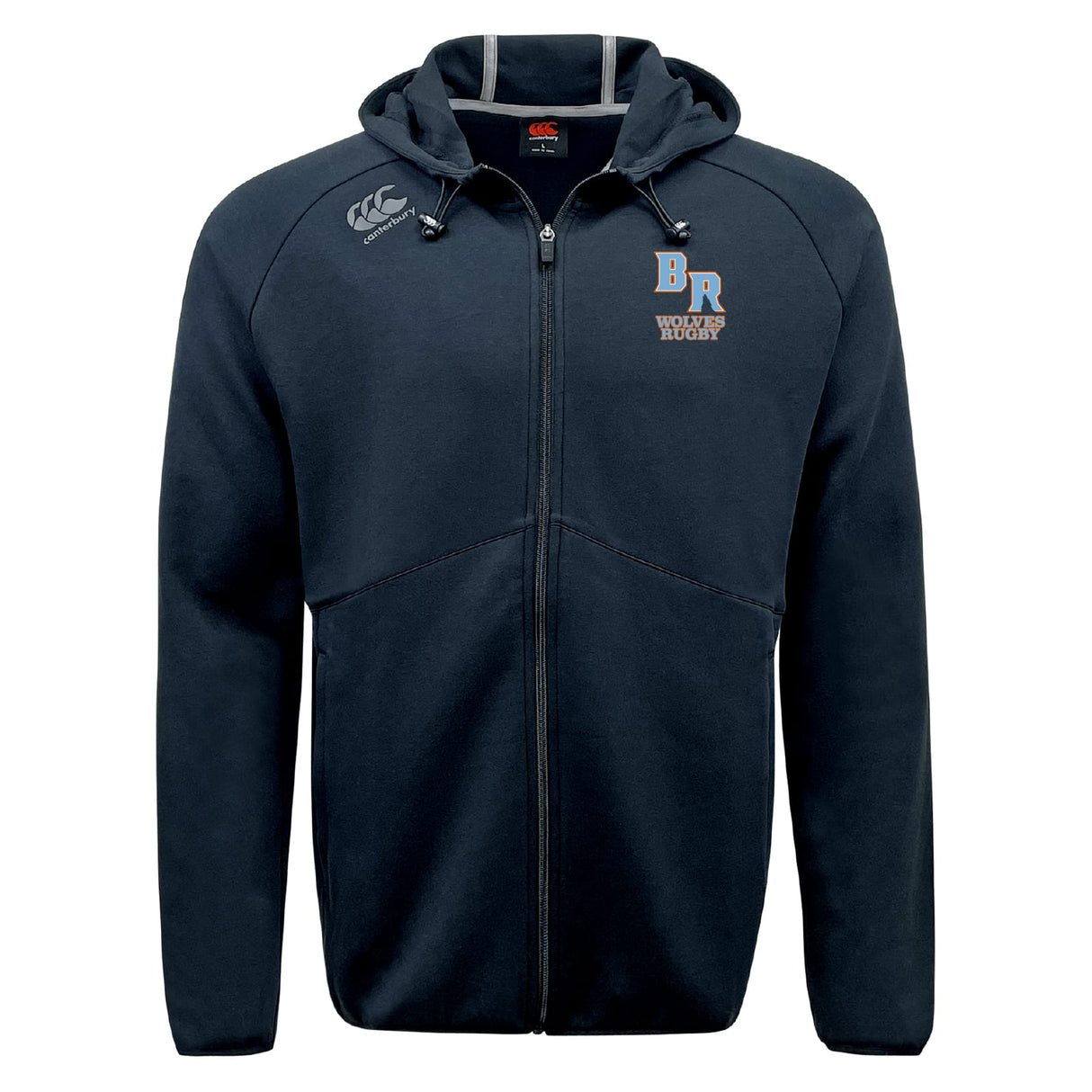 Stay comfortable and stylish all day in the Ballantyne Ridge Wolves Tempo Vapodri Full-Zip Hoodie by EMB Canterbury, featuring moisture-wicking fabric, a hood, right chest "Canterbury" logo, and a left chest "BR Wolves Rugby" wolf logo.