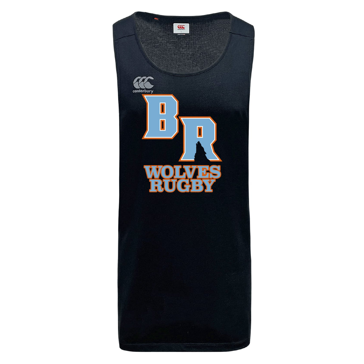 The Ballantyne Ridge Wolves Tempo Vapodri Singlet by WRS Canterbury is a sleeveless black rugby jersey with "BR" and "WOLVES RUGBY" in orange and white on the front, made from recycled polyester. Canterbury logo featured on upper left.
