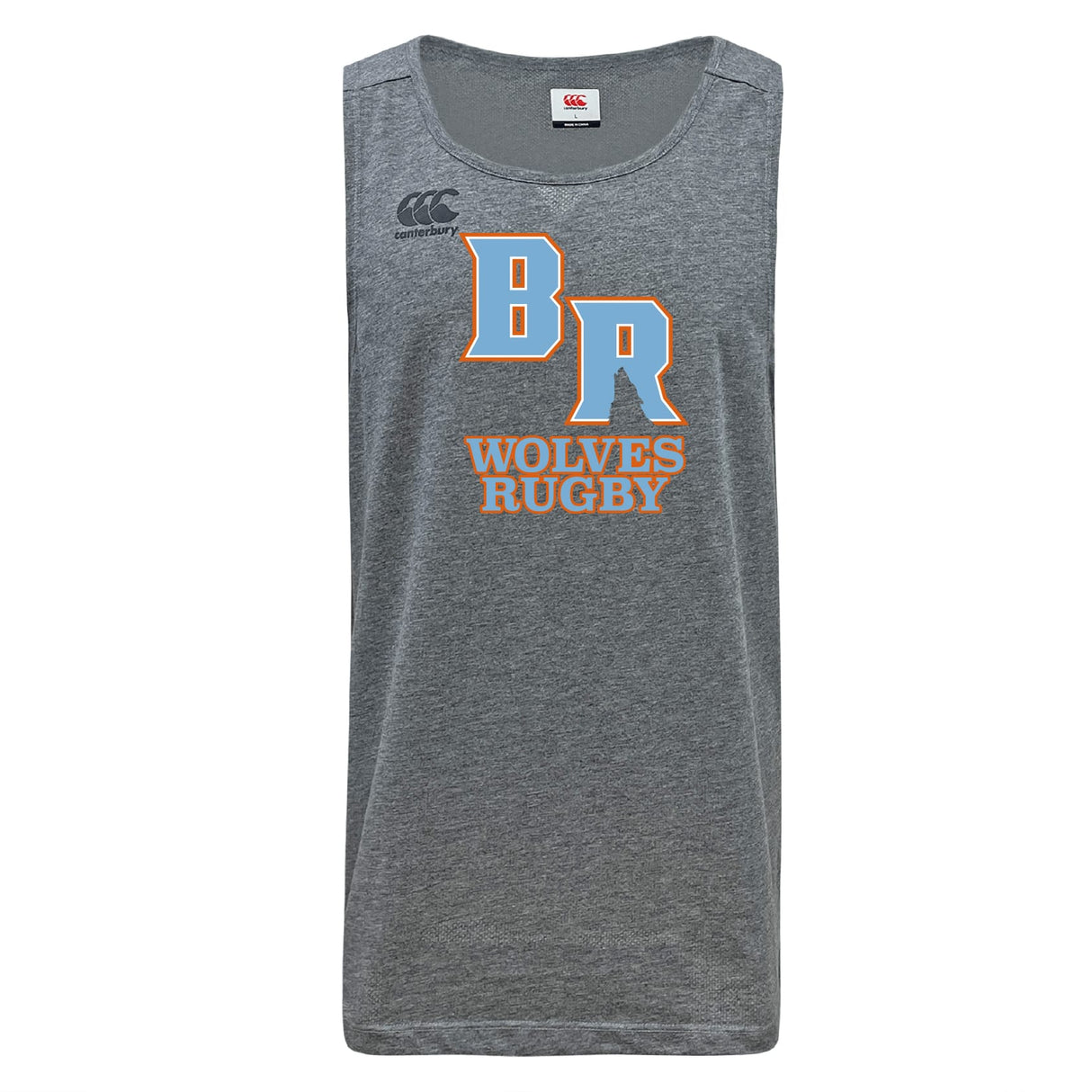 The Ballantyne Ridge Wolves Tempo Vapodri Singlet by WRS Canterbury is a gray sleeveless athletic top made from recycled polyester, featuring "BR Wolves Rugby," large "BR" letters, and the Canterbury logo on the upper left.