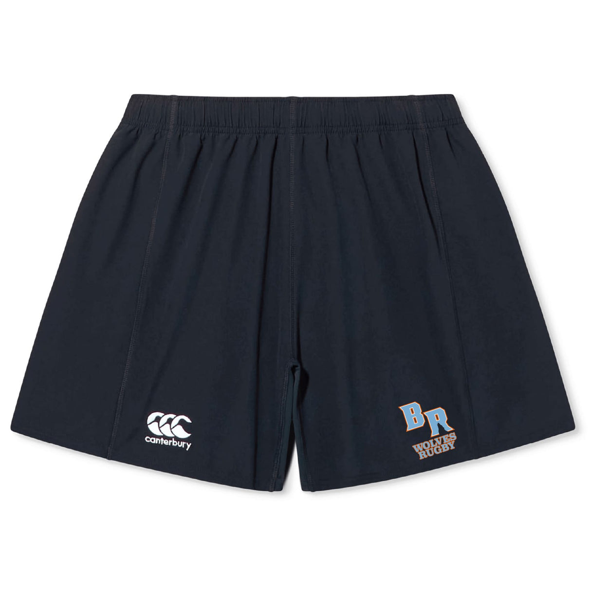 The EMB Canterbury Ballantyne Ridge Wolves Yokohama Shorts are navy rugby shorts with an elastic waistband, Canterbury logo on the left leg, and "BR Wolves Rugby" text with logo on the right, inspired by the classic Yokohama design.