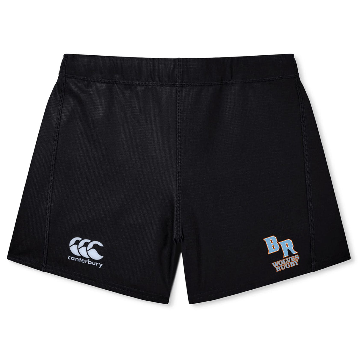 The Ballantyne Ridge Wolves Women's Yokohama Short by Canterbury features the "canterbury" logo on the left leg and "BR Wolves Rugby" logo on the right, displayed against a white background. Brand: EMB Canterbury.