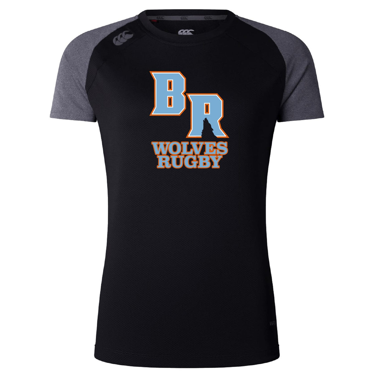 The Ballantyne Ridge Wolves Women's Elite Training Tee by WRS Canterbury is a black and gray shirt with "BR Wolves Rugby" text and logo, offering lightweight comfort and excellent moisture wicking for intense workouts.