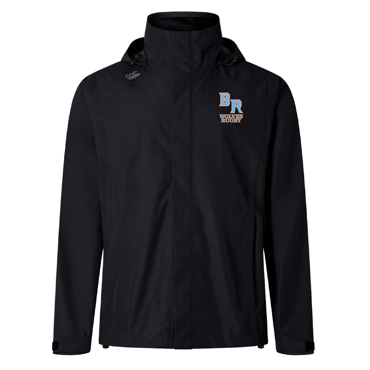 The Ballantyne Ridge Wolves Elite Storm Jacket by EMB Canterbury is a black, breathable pitchside jacket with the "BR" logo and "WHAK HOOP" text on the left chest, shown against a white background.