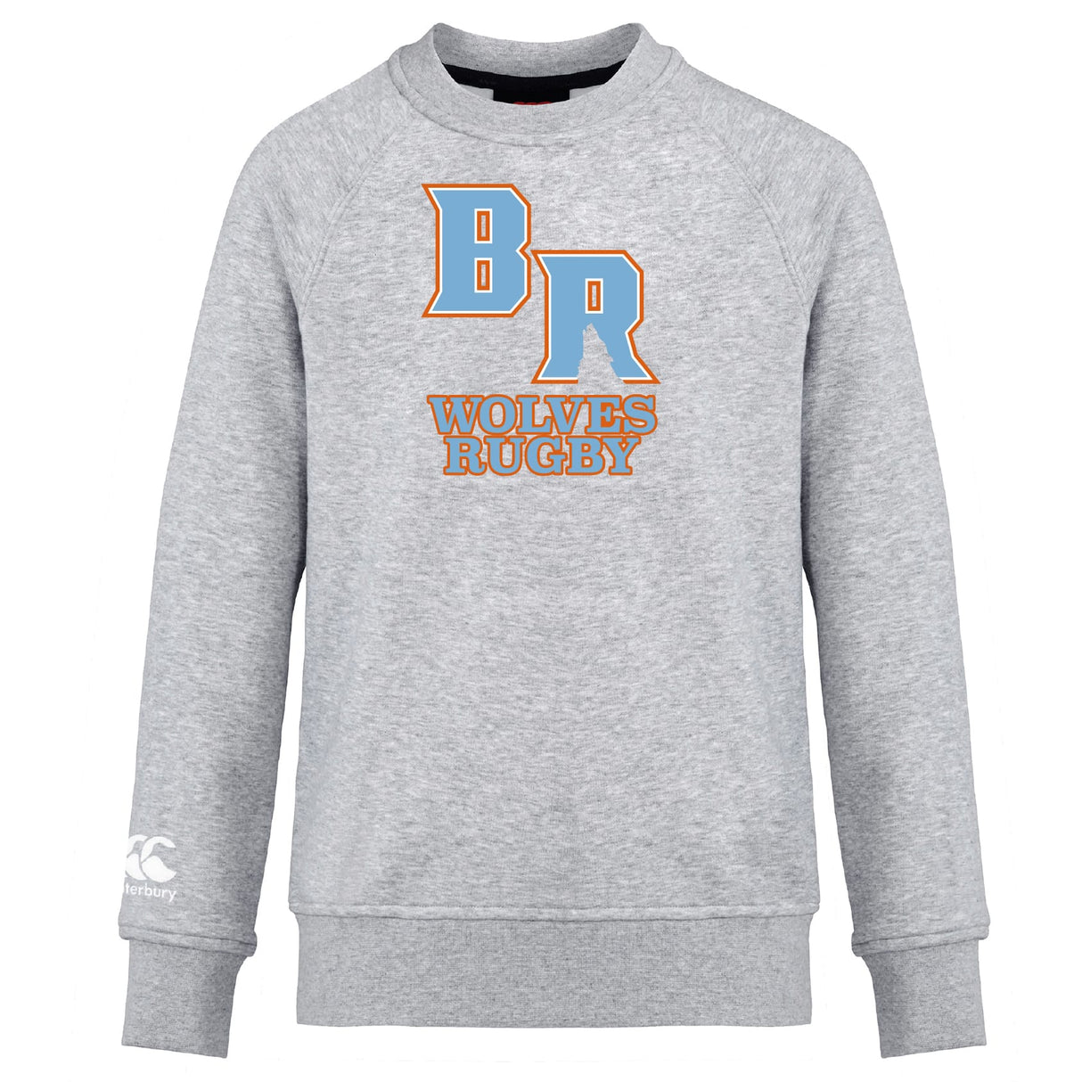 The Ballantyne Ridge Wolves Club Crew Sweatshirt by WRS Canterbury is a light grey, ultra-soft sweatshirt with large "BR" and "Wolves Rugby" on the front, plus an embroidered Canterbury logo on the left sleeve.