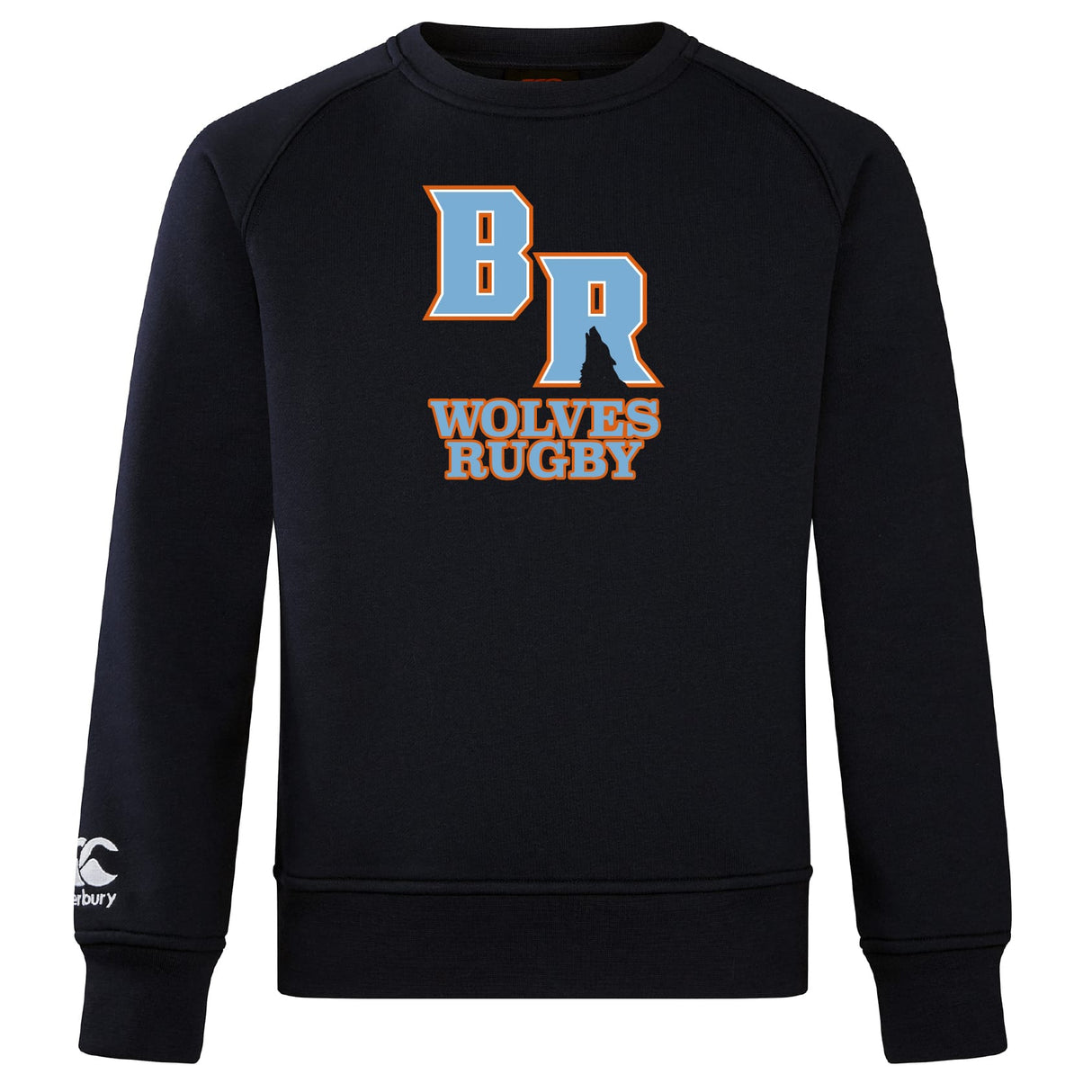 The Ballantyne Ridge Wolves Club Crew Sweatshirt by WRS Canterbury is ultra soft, black, with bold "BR" and "WOLVES RUGBY" on the front, plus an embroidered CCC logo on the left sleeve.