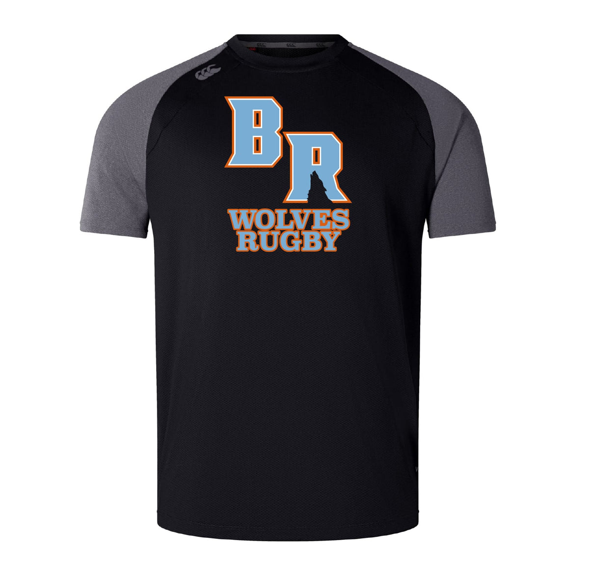 The Ballantyne Ridge Wolves Elite Training Tee by WRS Canterbury features "BR Wolves Rugby" and a wolf silhouette in orange, blue, and white on black and gray Vapodri fabric for cool, lightweight comfort during training.