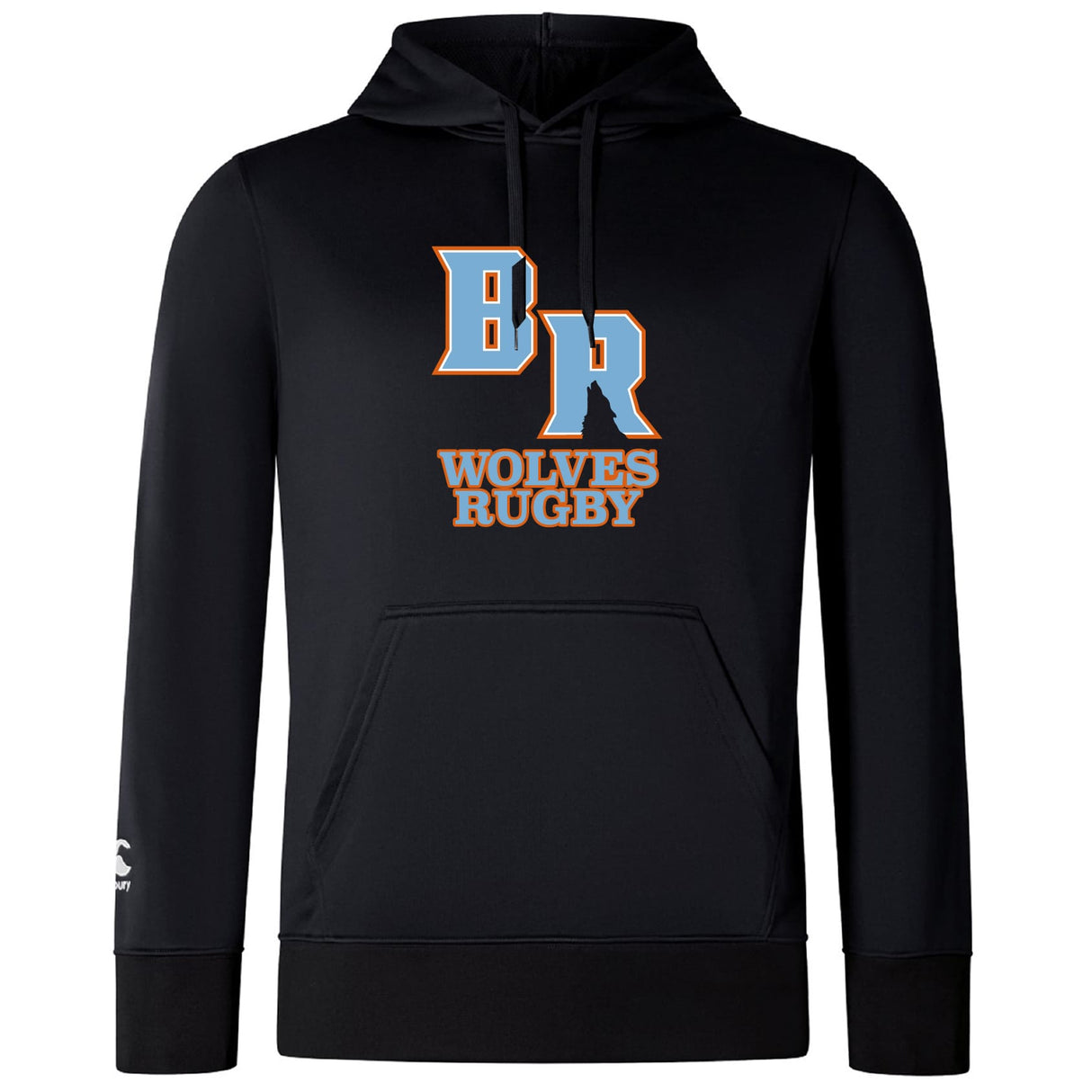 The Ballantyne Ridge Wolves Club Lightweight Hoodie by WRS Canterbury features bold "BR" lettering above "Wolves Rugby" in orange and white on the front, plus a small logo on the left sleeve.