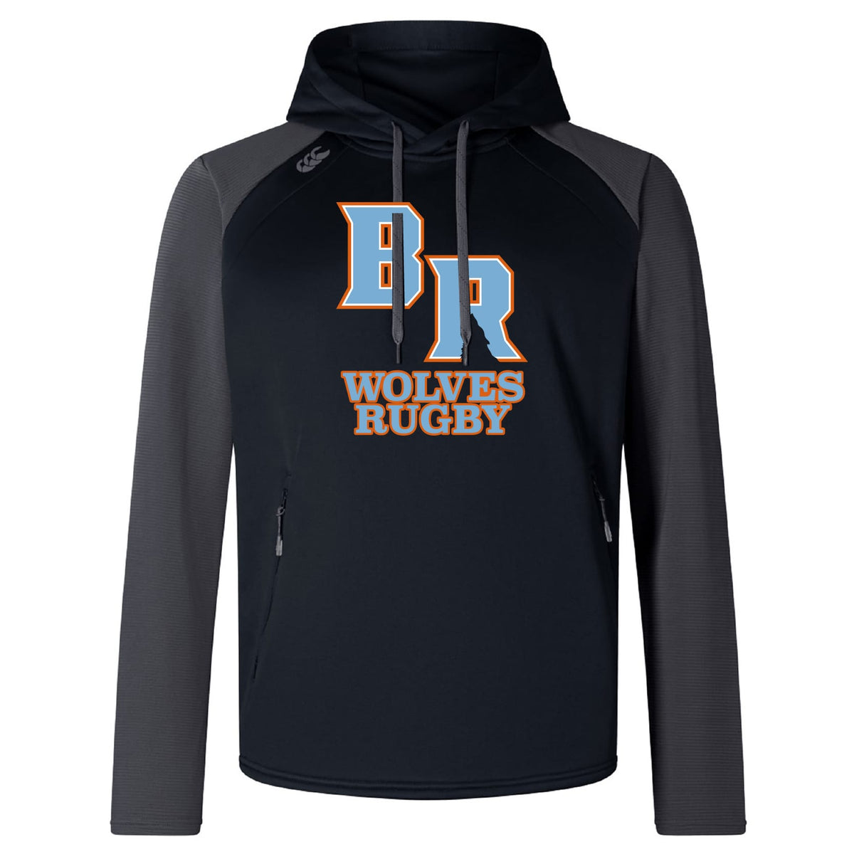 The Ballantyne Ridge Wolves Elite Training Hoody by WRS Canterbury is a black and gray performance hoodie with "BR WOLVES RUGBY" printed on the front, ideal for premium sportswear enthusiasts.