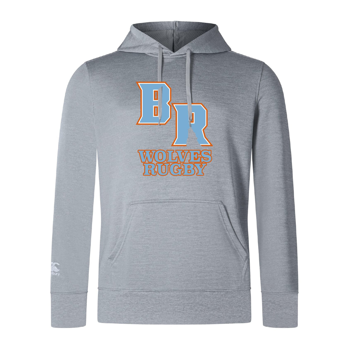 Show your team spirit with the Ballantyne Ridge Wolves Club Lightweight Hoodie by WRS Canterbury, featuring bold blue "BR" outlined in orange and "WOLVES RUGBY" in orange below. This lightweight polyester hoodie keeps you comfortable.