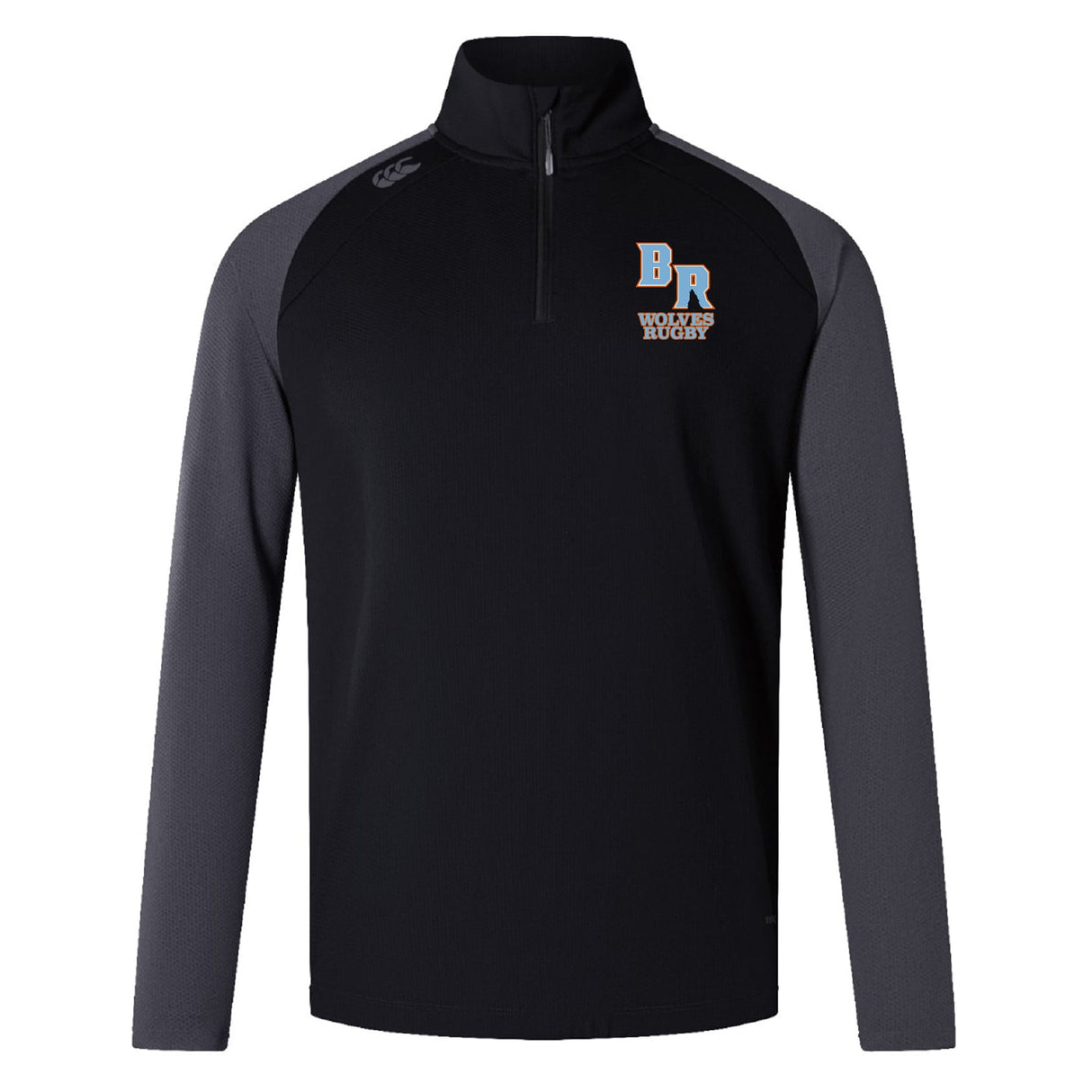 The Ballantyne Ridge Wolves Elite First Layer by EMB Canterbury is a black and gray long-sleeve rugby top with a quarter-zip, featuring the "BR Midwest Rugby" logo and VapoDri tech for quick-drying comfort during training.