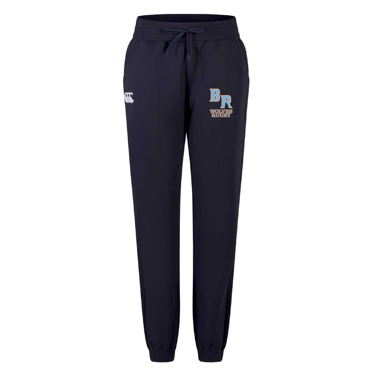 The Ballantyne Ridge Wolves Women's Leisure Sweatpant by Canterbury features a navy jogger style, drawstring waist, "BR Wolves Rugby" logo on the left thigh, and a white EMB Canterbury logo on the right thigh.